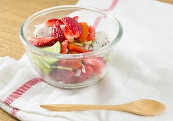 Delicious Fresh Fruits Salad in Glass Bowl