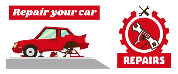Horizontal banner template on car repairs. Repair logo, hand holding a wrench. Disassembled car red. Auto mechanic removes reducer. Inspection pit. Vector illustration. Flat style
