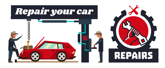 Horizontal banner template on car repairs. Logo, hand holding a wrench. Auto mechanic removed engine. Capital repair of the motor. Special equipment. Red car. Vector illustration.
