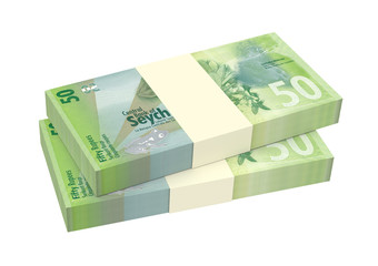 Seychelles rupee bills stacks isolated on white background. 3D illustration.