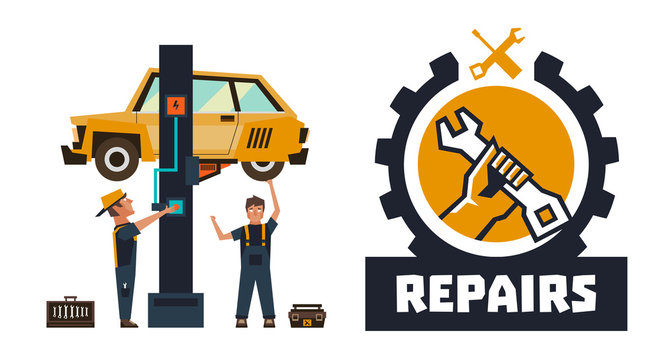 Horizontal banner template on car repairs. Repair logo, hand holding a wrench. The car on a lift. Auto mechanic inspects the undercarriage of the car. Vector illustration. Flat style