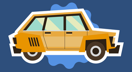 Toy cars isolated white outline on a blue background. Vehicles travel. Sticker for children on the theme of the machine. Vector illustration. Flat style