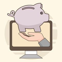 Thin line Online savings concept. Piggy bank