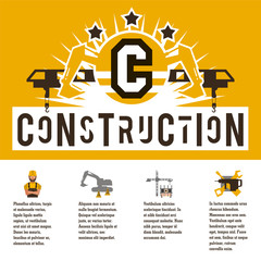 Vector illustration on the theme of a construction site. Icons of tools, equipment, worker, technology. Template for text. Banner with the production of information. Advertising company. Flat style