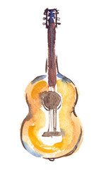 Naklejka premium Single simple acoustic guitar illustration painted in watercolor on clean white background