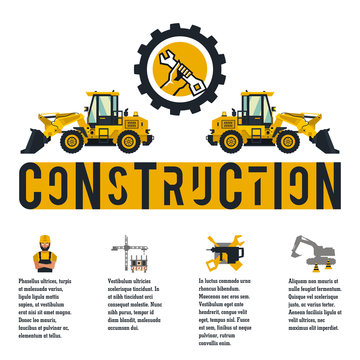Vector illustration on the theme of a construction site. Icons and template for text. Loader logo and hands holding a wrench. Banner with the production of information. Advertising company. Flat style