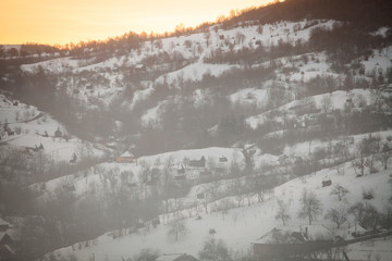 Winter landscape church in Barsana, Romania