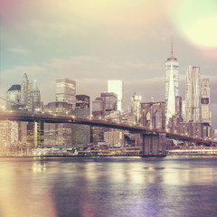 Vintage style view of  Brooklyn Bridge and Manhattan skyline, Ne