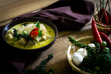 spicy hot chicken green curry with coconut milk soup in bowl,tha