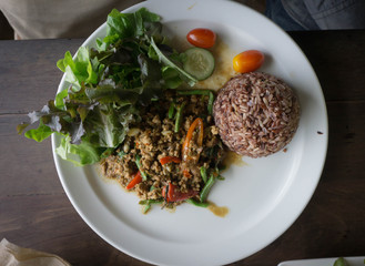 Thai food, Pad Ka Phrao, fried meat with chili, garlic and holy