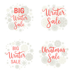 Fototapeta na wymiar Christmas sale, Big winter sale labels, banners, sticker set. Vector winter holidays backgrounds with red hand lettering calligraphy, Christmas silver snowflakes.