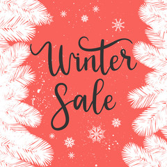 Fototapeta na wymiar Winter sale card, label, banner. Vector winter holiday background with calligraphy, tree branches.