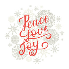 Obraz na płótnie Canvas Peace Love Joy greeting card for New Year 2017. Vector winter holiday background with hand lettering calligraphy, snowflakes, falling snow.
