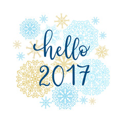 Fototapeta na wymiar Hello 2017 greeting card. Vector winter holiday background with hand lettering calligraphy, snowflakes, falling snow, seamless patterns.