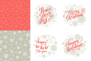 Merry Christmas, Happy Holidays, Happy ho to you, Peace Love Joy greeting cards set for New Year 2017. Vector winter holiday background with hand lettering calligraphy, snowflakes, falling snow.