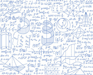 Math vector seamless pattern with geometrical plots, formulas and calculations, handwritten with ink pen on white paper. Education colorful endless texture. You can use any color of background