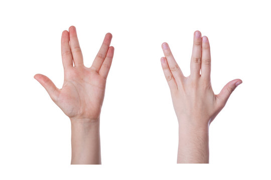 Hand gesture for the Vulcan salute or greeting, and also the Bikat Cohanim or Kohanim priestly blessing for the jews, isolated on white background