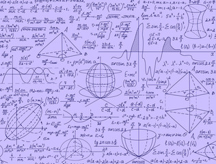 Math scientific vector seamless pattern with formulas, plots and equations, handwritten with pen on blue paper. You can use any color of background