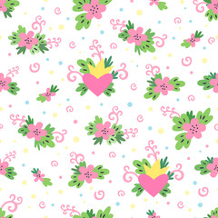 Cute spring pattern with flowers, leaves, swirls, hearts and a crown on a white background