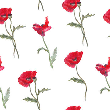 Floral pattern with red watercolor poppies and leaves