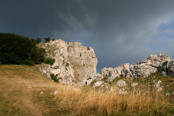 Limestone cliffs the small path among the grass in Crimean mountains in summer.