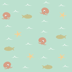 Colorful sea illustration with fishes, star fishes, octopi and waves