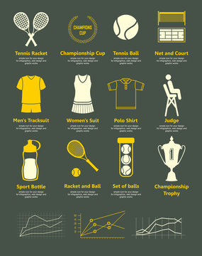 Tennis. Vector logo of icons. Sports objects. Simple elements and symbols for your design on black background.