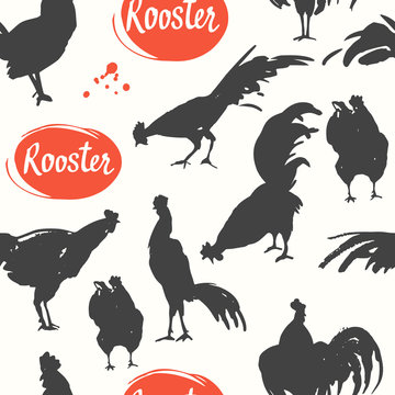 Seamless pattern with silhouette of cock in different poses. Sketch style. Vector illustration black and white roosters. Brush drawings.