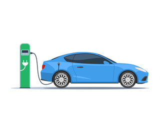 Blue electric car and electric charger station