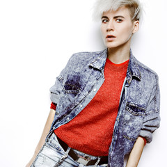 Denim fashion. Fashionable denim shirt. Stylish blonde with shor