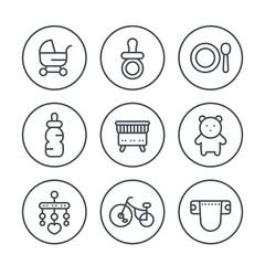 baby line icons in circles on white, vector illustration