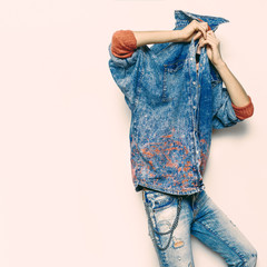 Fashion concept Blue denim clothes Stylish Model Tomboy hipster