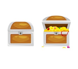 vector set of vintage wooden chest with gold, diamonds open and closed cover. isolated on white background.