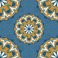 Blue and brown color mandala ornament seamless background.Decorative ornamental colouring anti-stress therapy pattern.Fabric design.Yoga inspired backgrounds meditation poster. Unusual stylized flower