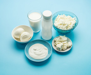 Protein products: cheese, cream, milk, eggs on the blue backgrou