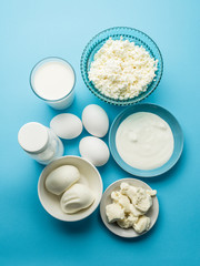 Fototapeta na wymiar Protein products: cheese, cream, milk, eggs on the blue backgrou