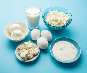 Protein products: cheese, cream, milk, eggs on the blue backgrou