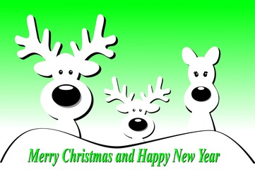 three white Christmas reindeer's family card with text, Xmas card template