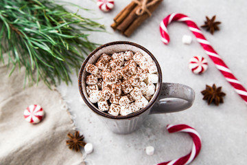 Cocoa with marshmallow and christmas decoration. On a stone back