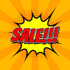 Sale tag in comic speech bubble on striped background, halftone design, isolated vector