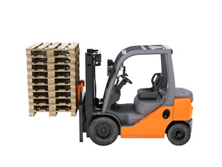Forklift truck lifts the pallets. Without shadow. 3d render.
