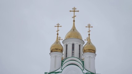Fototapeta na wymiar church with crosses and domes of Russia Russian church a gray background