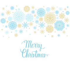 Merry Christmas greeting card. Vector winter holidays backgrounds with hand lettering calligraphy, gold, blue snowflakes.