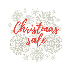 Christmas sale label, banner, sticker. Vector winter holidays backgrounds with hand lettering calligraphy, Christmas silver snowflakes.