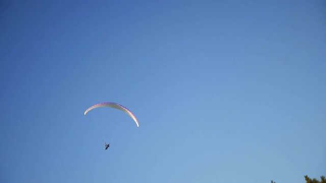 Lonely paraplanerist flies in blue sky in circles and dissapears behind the frame in end, handheld shooting