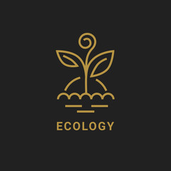 Ecology logo. Vector outline icon of golden plant with sun.