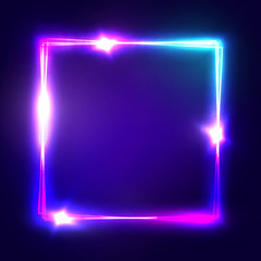Neon sign. Square frame with glowing and light. Electric bright 3d rectangle banner design on dark blue backdrop. Neon abstract background with flares and sparkles. Vintage vector illustration.