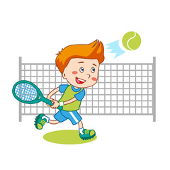 Young Boy. Boy Playing Tennis. Kids Tennis. Vector Illustration on White Background. Tennis in College. Tennis For Beginners. Young Sportsman. Trainee Happy Player Junior.