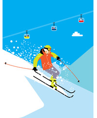 Skier man skiing down the hill in the mountains. Vector illustration.