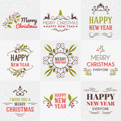 Set of Merry Christmas and Happy New Year Decorative Badges for Greetings Cards or Invitations. Vector Illustration. Typographic Design Elements. Red, Green and Brown Color Theme
